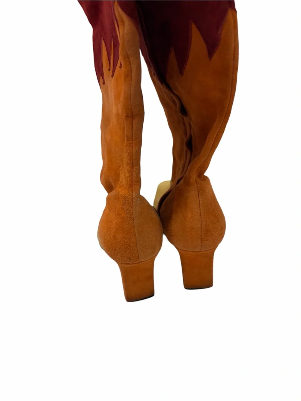 Women’s Suede Flame-Accent Knee Boots in Burgundy, Orange & Yellow
